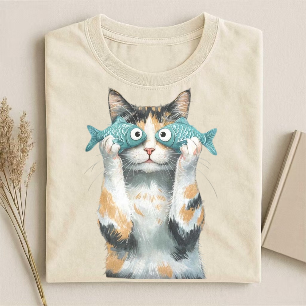 Calico Cat With Fish Eyes Funny Graphic T-shirt