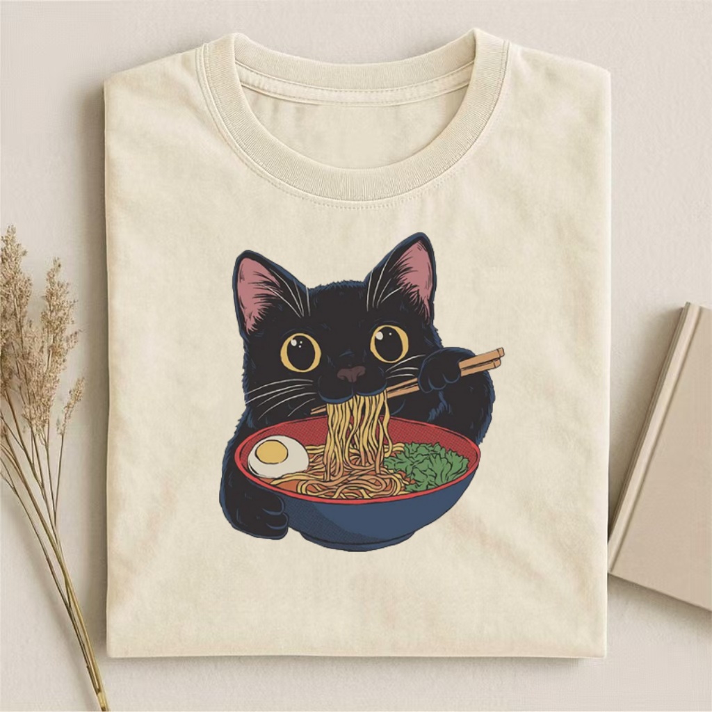 Black Cat Eating Ramen Graphic T-shirt