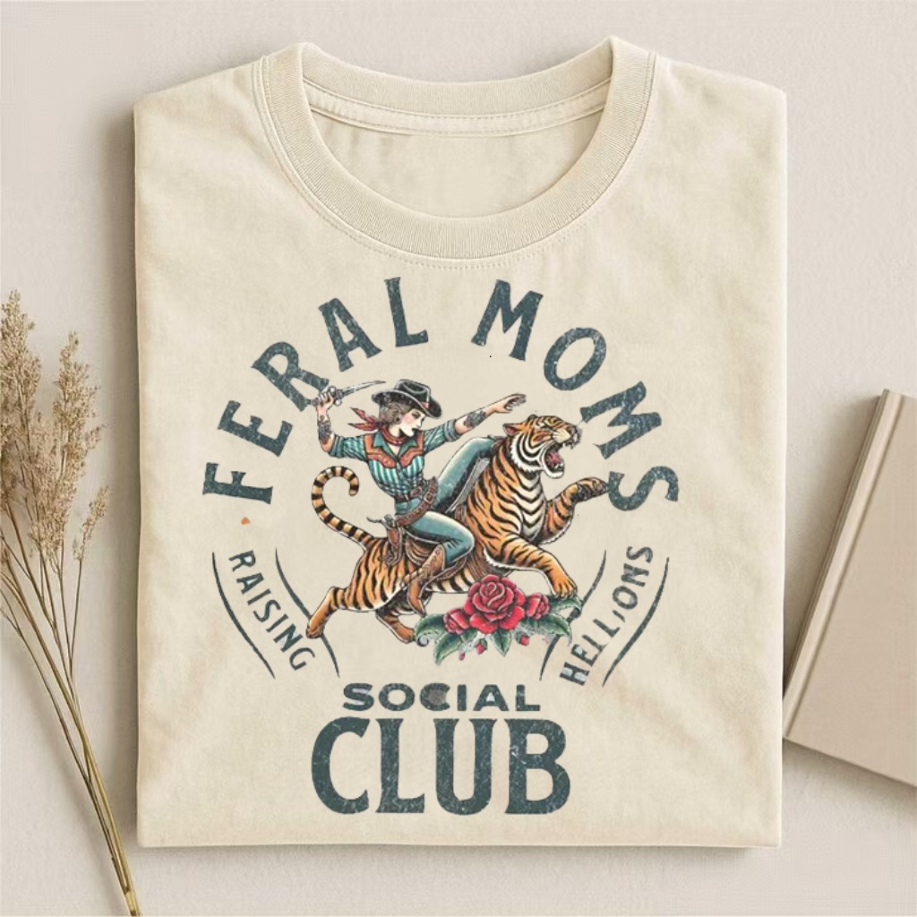 "Feral Moms Social Club" Cowboy & Tiger Graphic T-shirt
