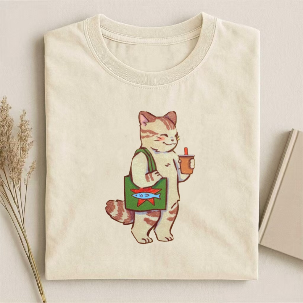 Cat With Tote & Drink Casual Graphic T-shirt