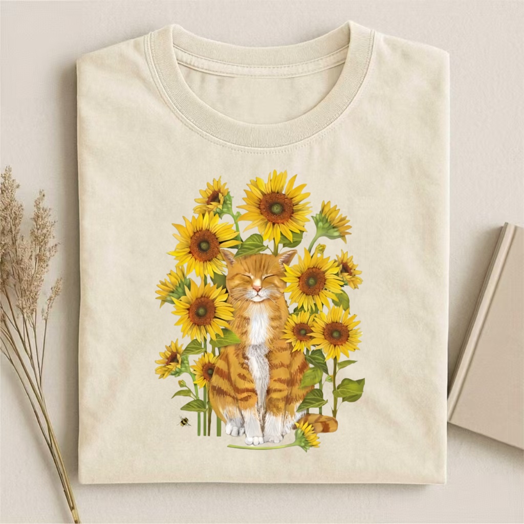 Orange Cat In Sunflowers Watercolor T-shirt