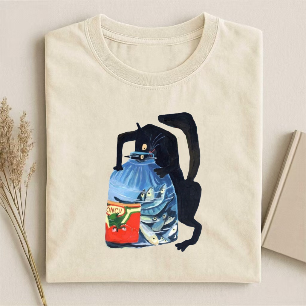 Black Cat & Fish Bottle Art T-shirt