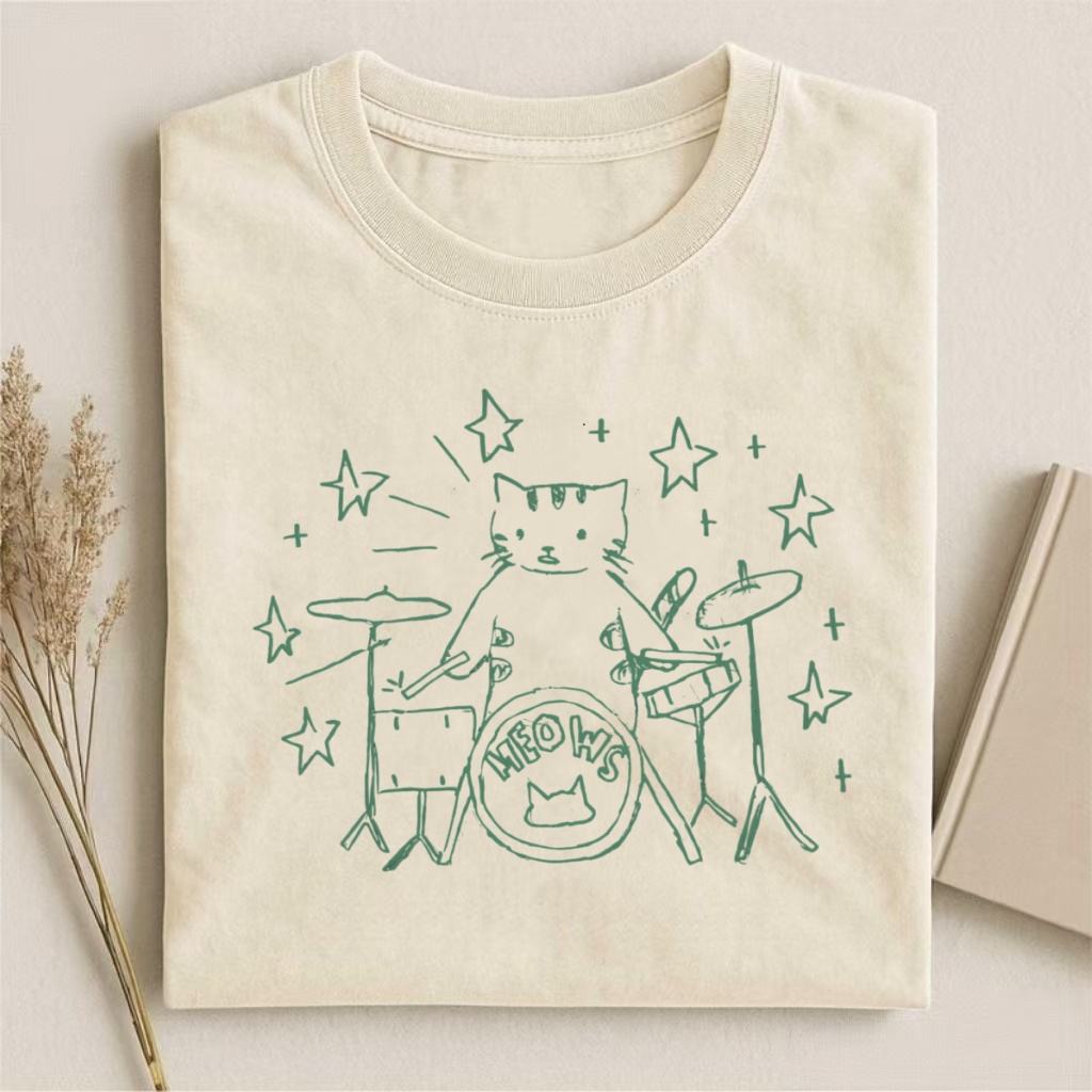 Cat Drummer "Meow" Band Graphic T-shirt