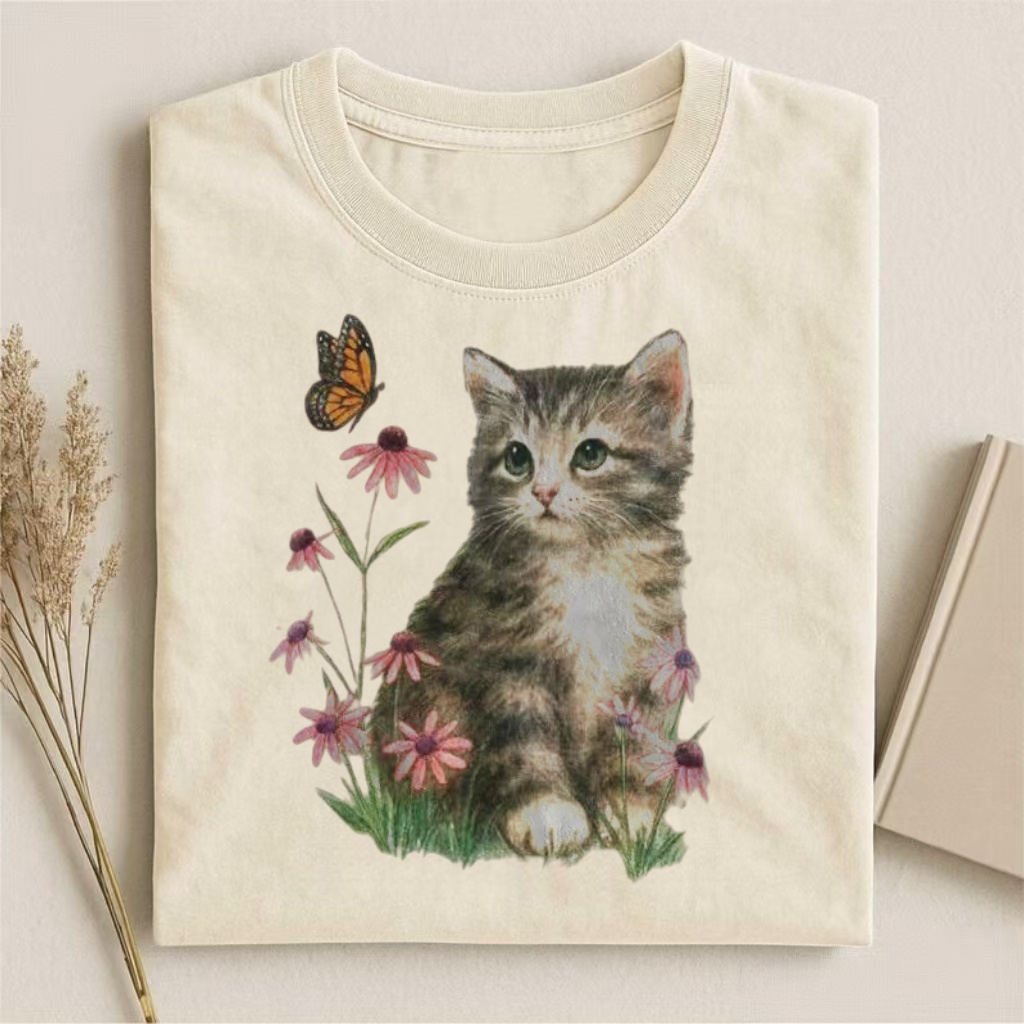 Kitten With Butterfly & Wildflowers Watercolor T-shirt
