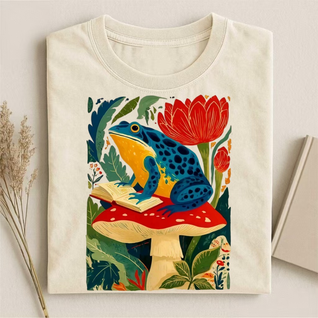 Frog Reading On Mushroom Art T-shirt
