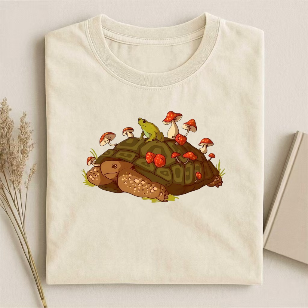 Turtle & Frog With Mushrooms Cute Graphic T-shirt