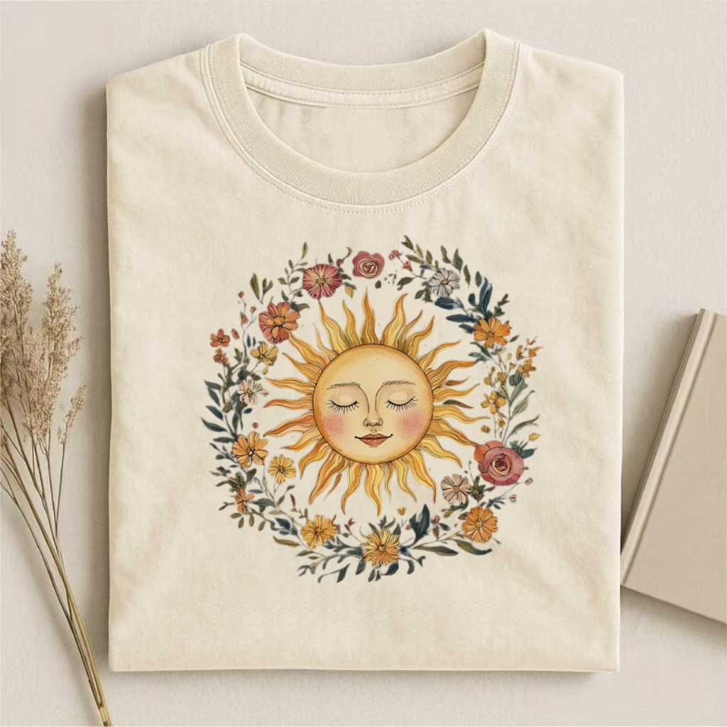 Sun With Floral Wreath Boho Art T-shirt
