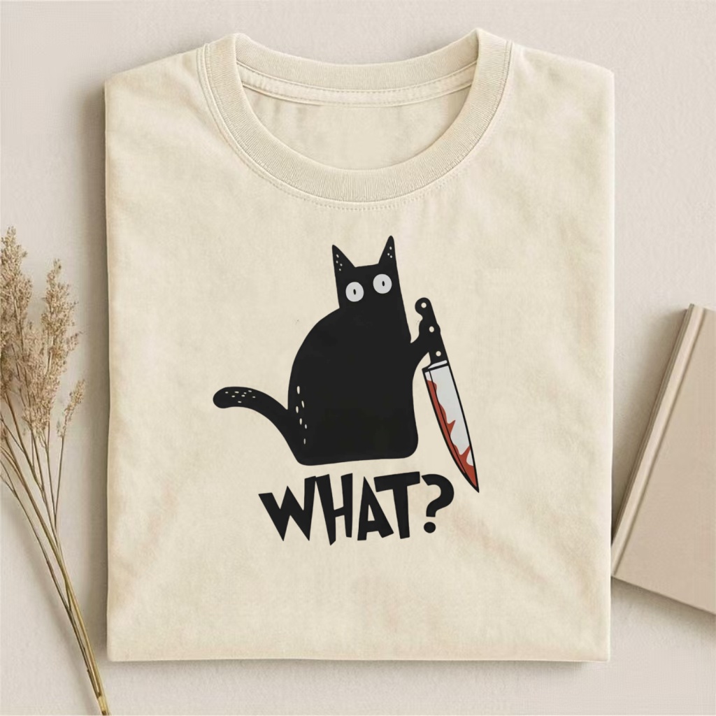 Black Cat With Knife "What?" Meme T-shirt