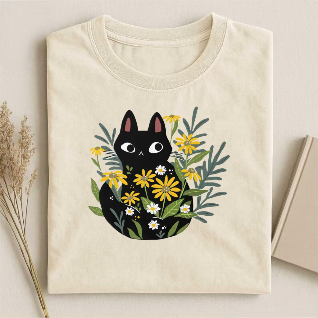 Black Cat In Yellow Flowers Whimsical T-shirt