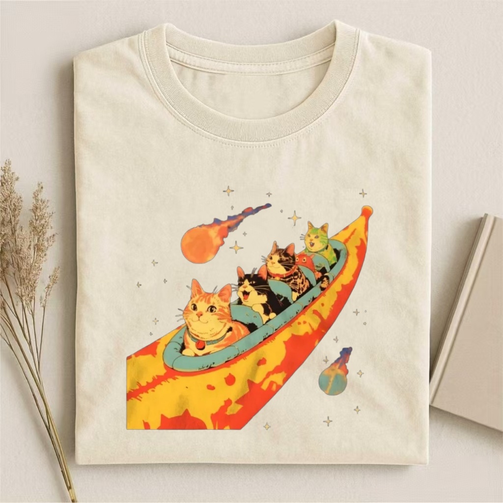 Cats In Banana Spaceship Cosmic Graphic T-shirt