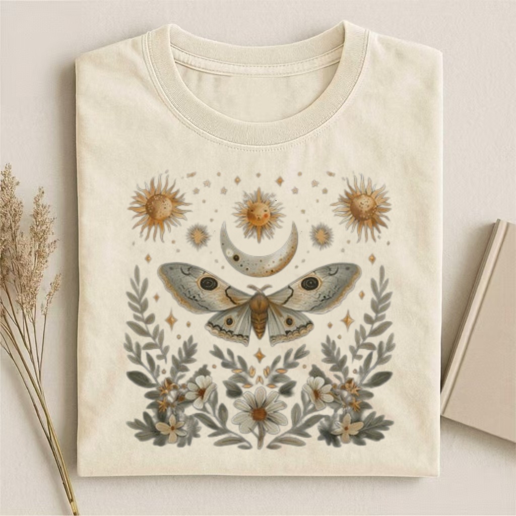 Celestial Moth & Moon Floral Art T-shirt