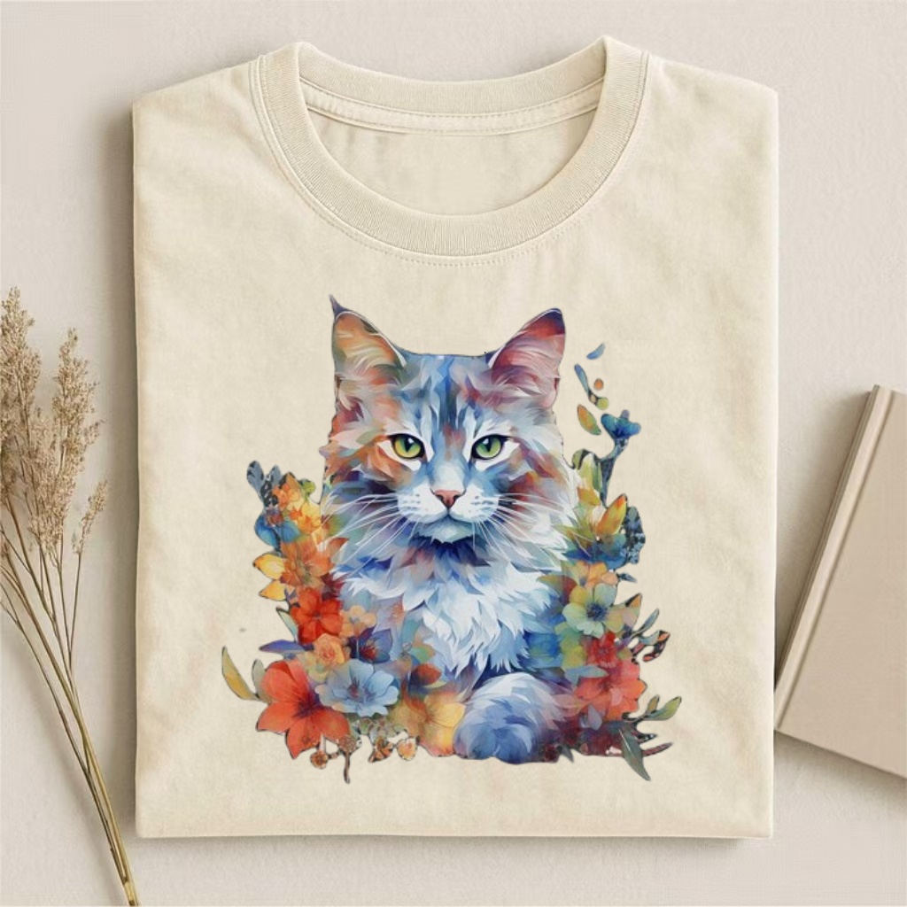 Watercolor Maine Coon Cat Floral T-shirt
