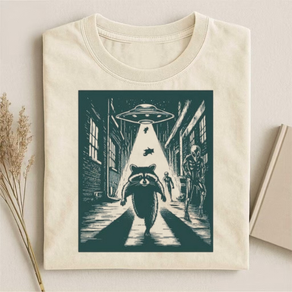 Raccoon UFO Alien Chase Graphic T-shirt