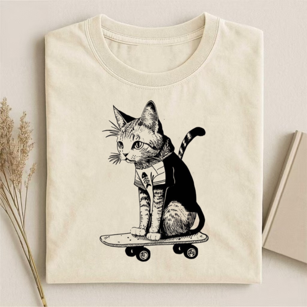 Skateboard Cat Line Art T-shirt
