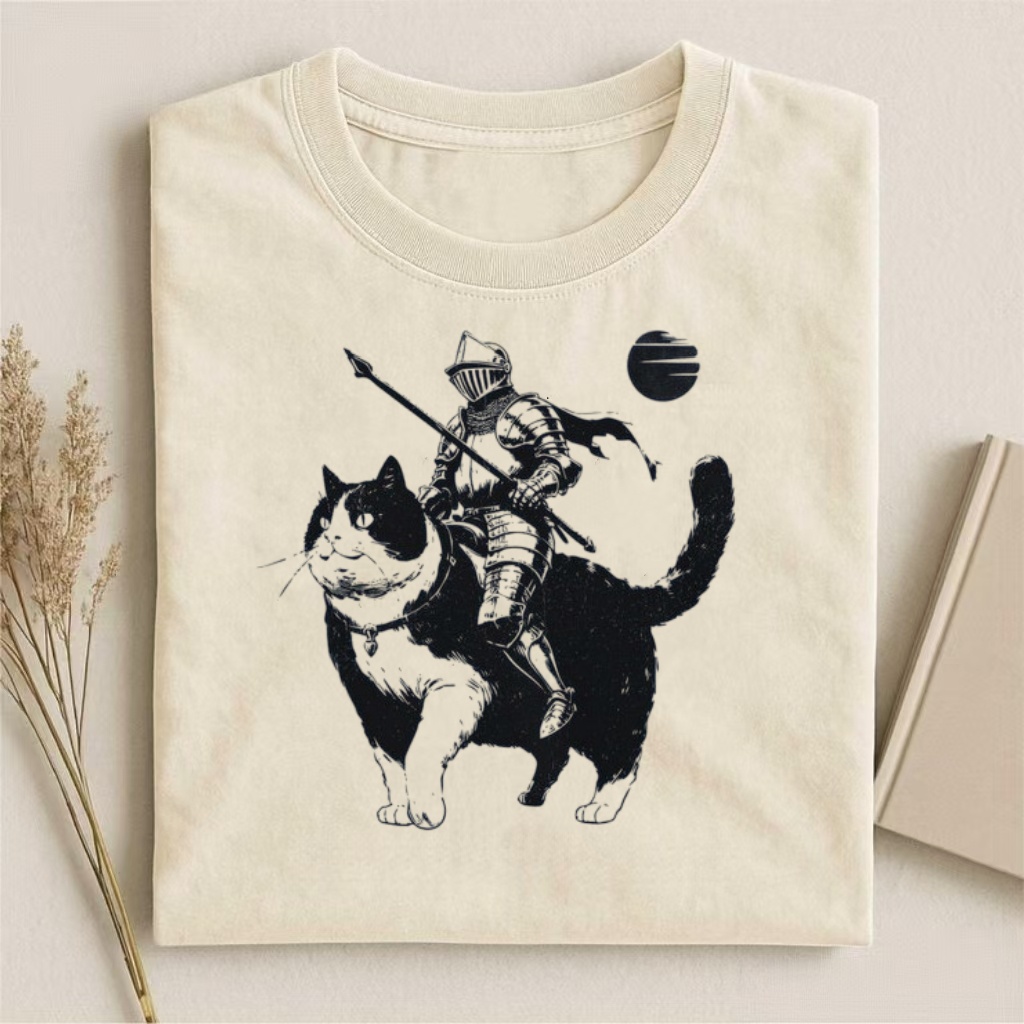 Knight Riding Cat Fantasy Art T-shirt