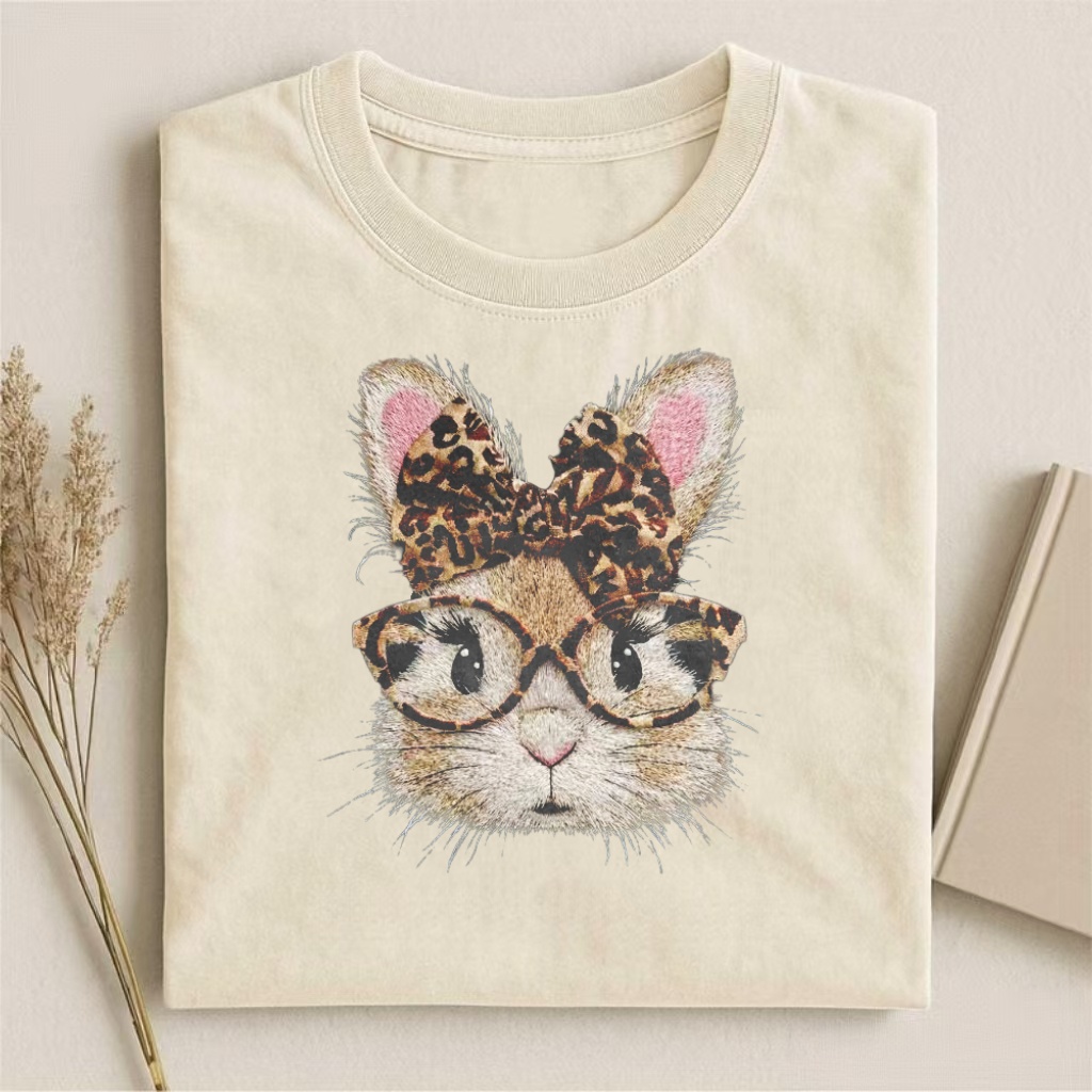 Leopard Print Bunny Embroidered T-shirt