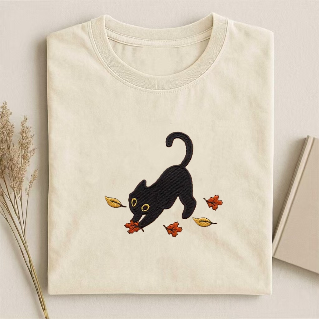 Cat Pouncing Leaves Embroidered T-shirt