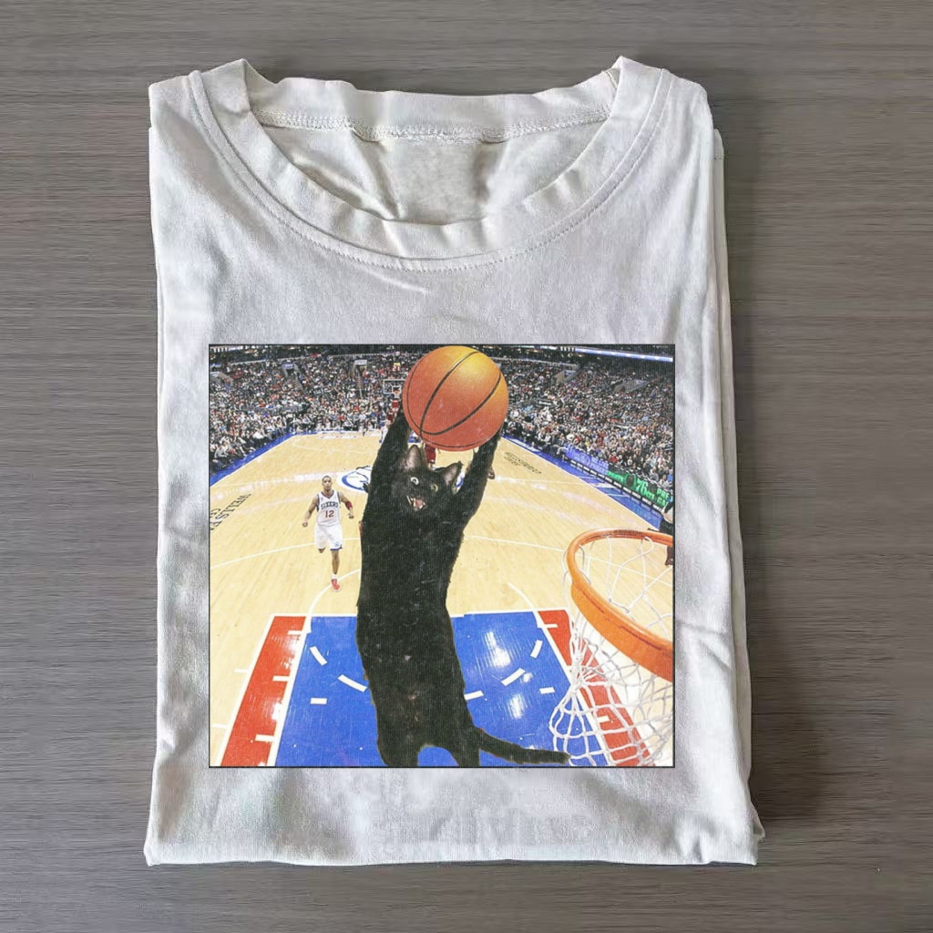 Black Cat Dunking Basketball Meme T-shirt