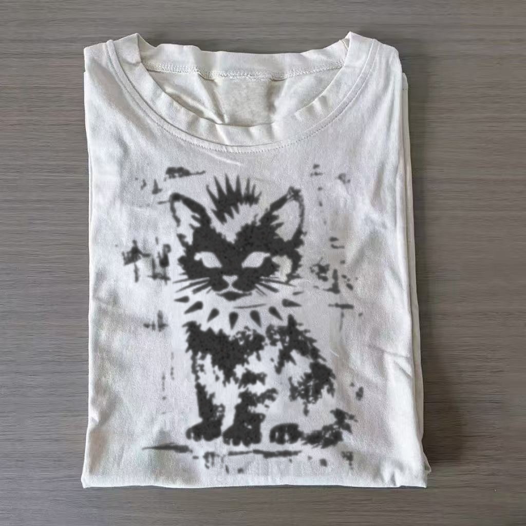 Punk Rock Kitty Distressed Graphic T-Shirt