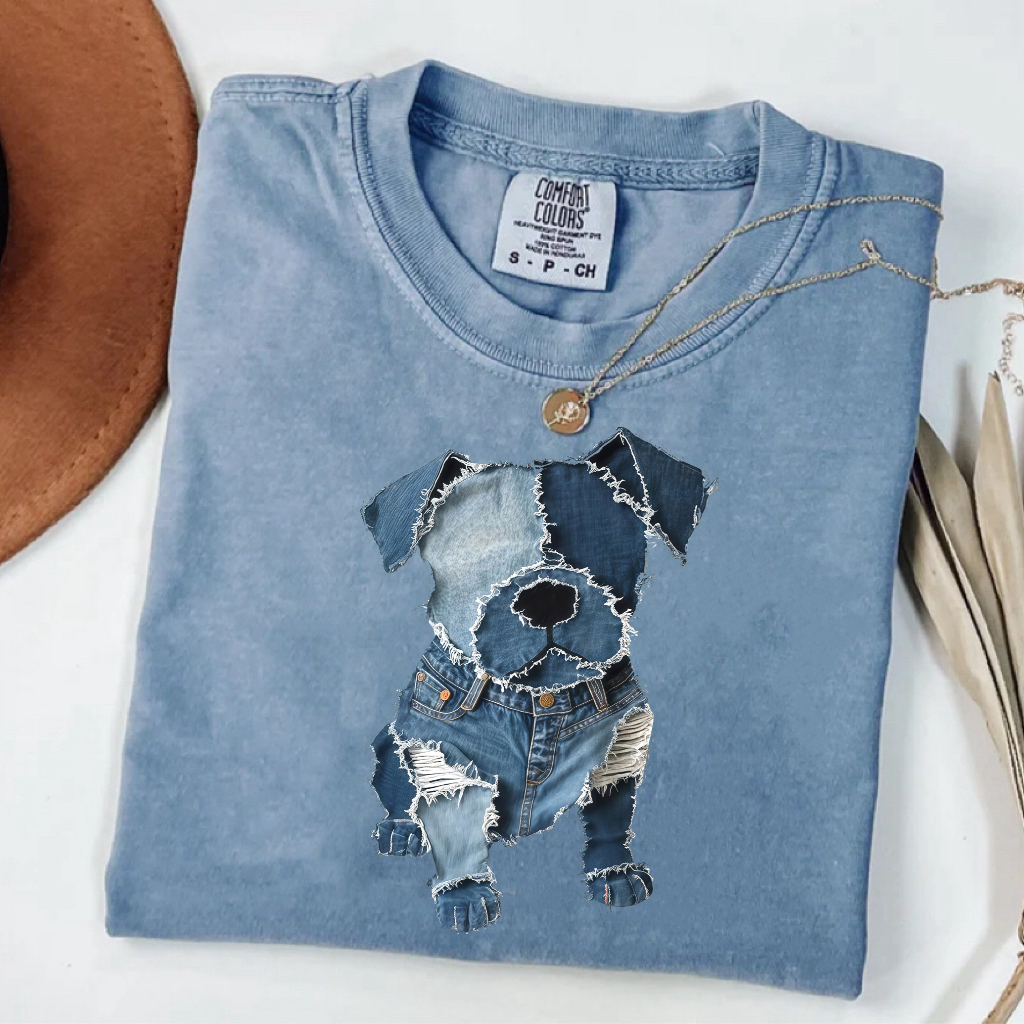 Cute Dog Denim Patchwork Art Shirt