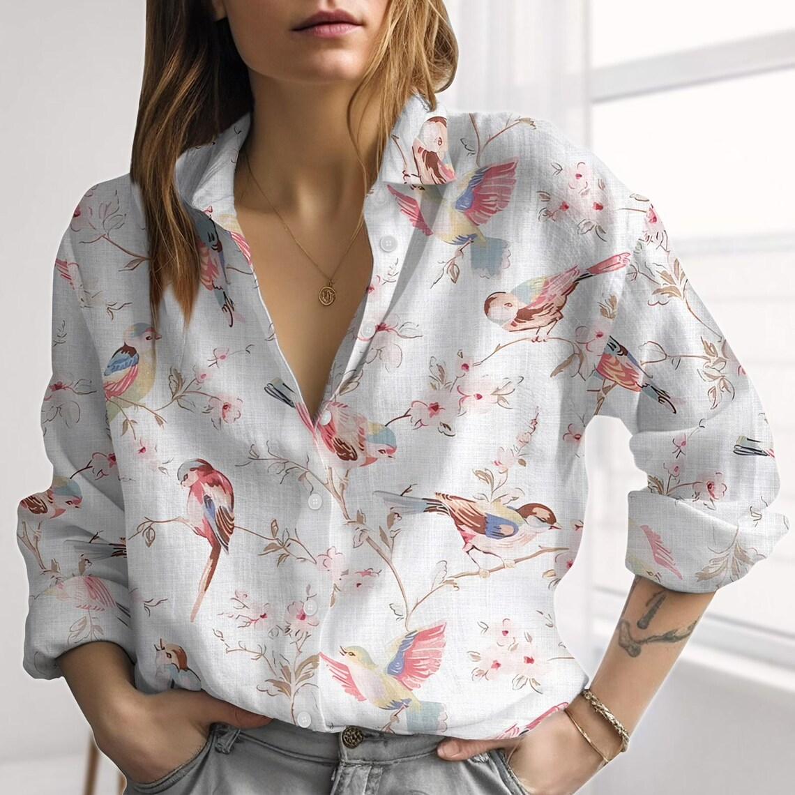 Birds Flower Linen-Look Shirt