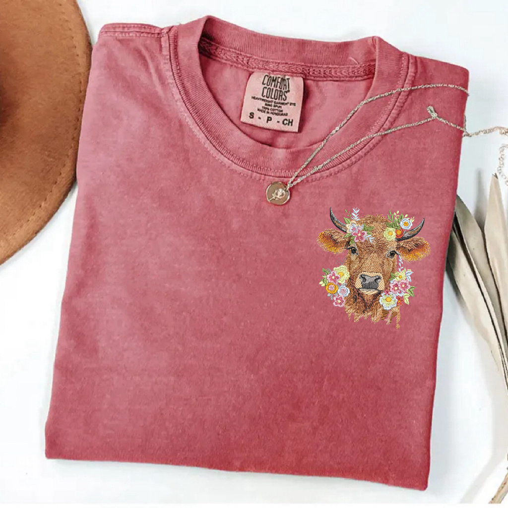 Embroidery Cute Highland Cow T-shirt