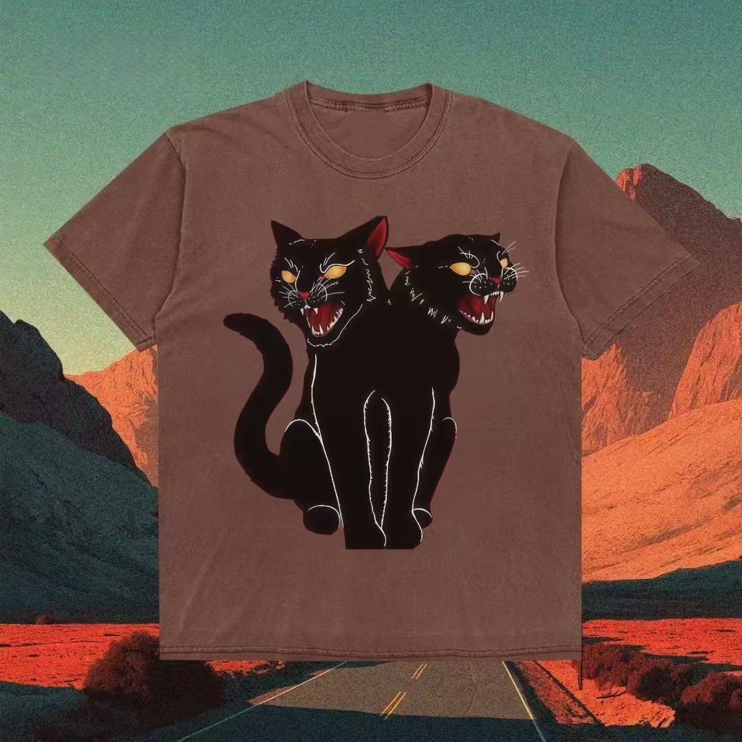 Two-Headed Black Cat Art T-shirt