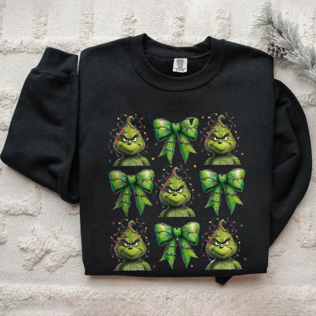 Vintage Christmas Green Guy With Coquette Bow Sweatshirt