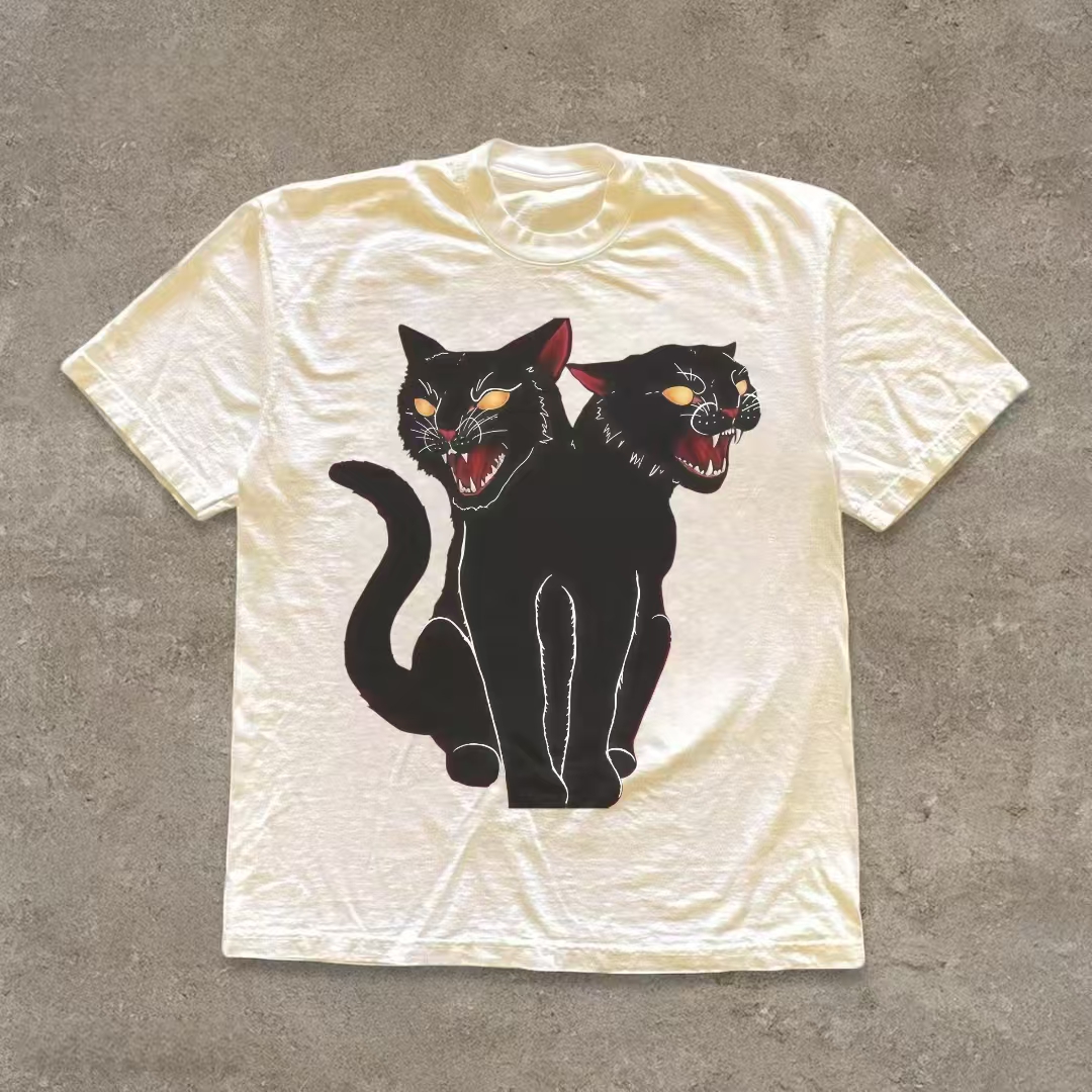 Two-Headed Black Cat Art T-shirt