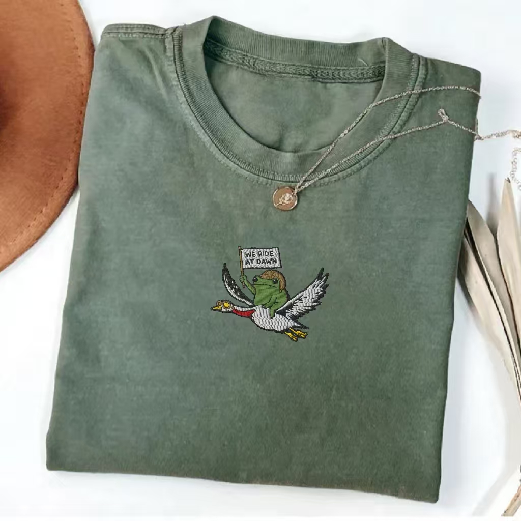 "We Ride At Dawn" Frog & Duck Embroidered T-shirt