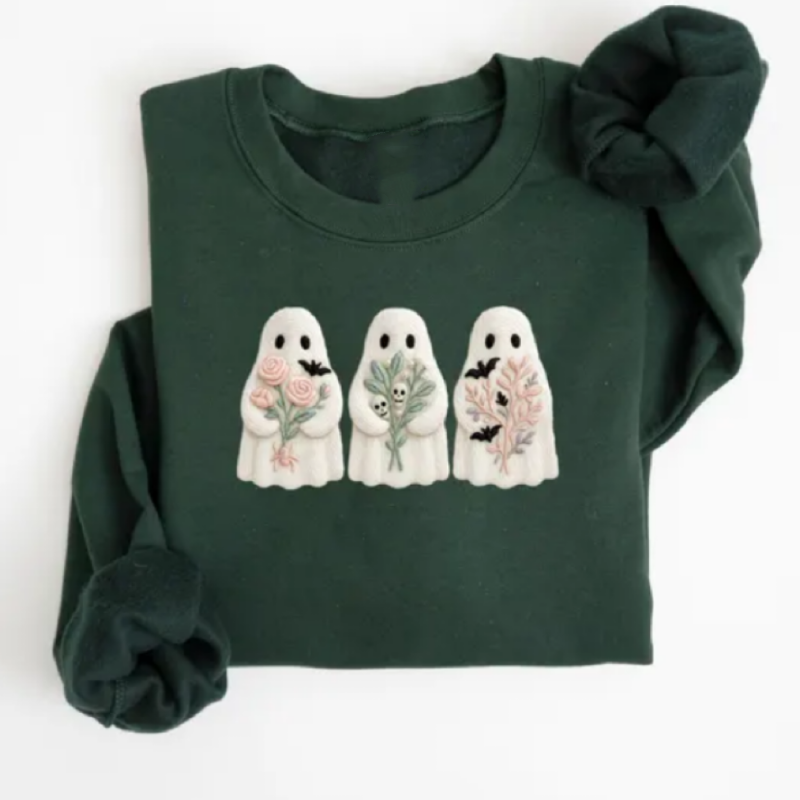 Faux Embroidery Halloween Ghost Sweatshirt