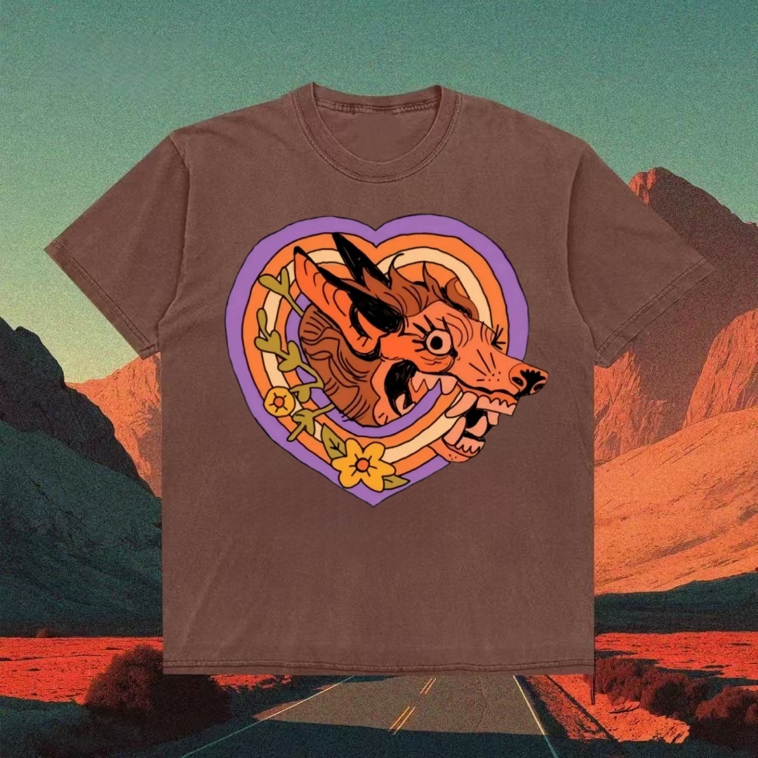 Retro Heart Wolf Folk Art T-shirt