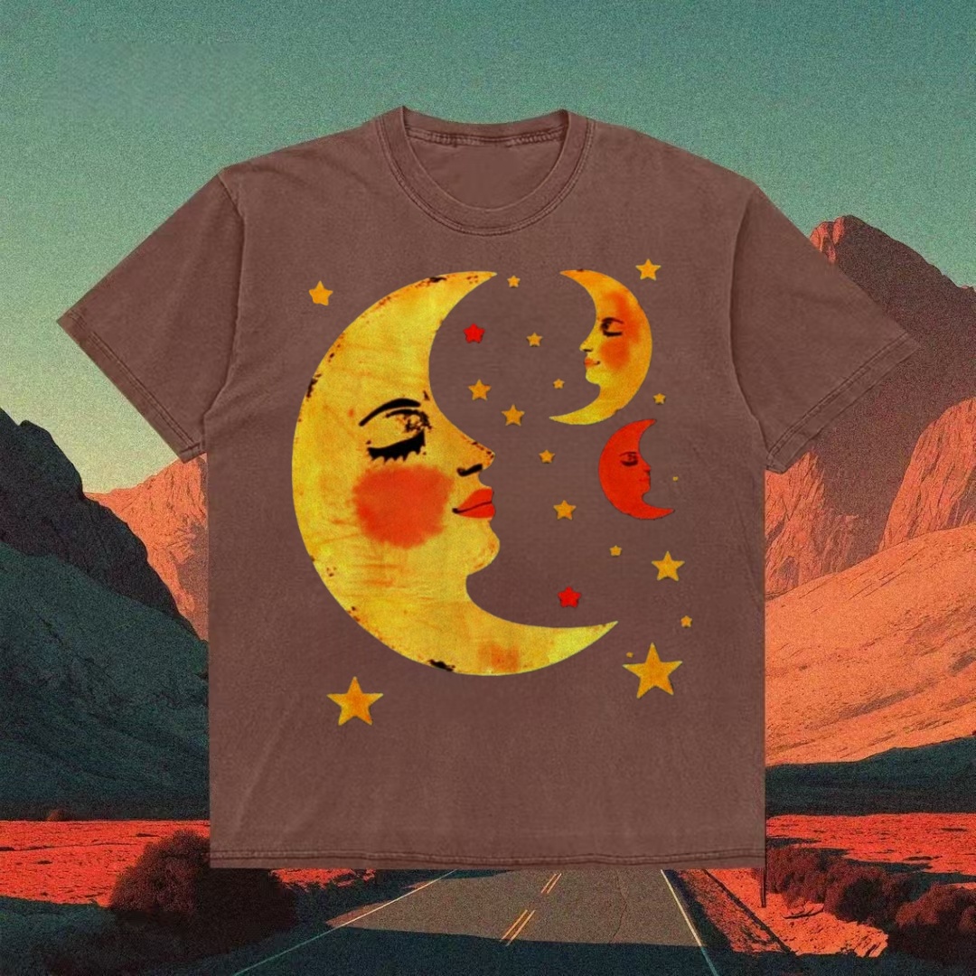 Retro Moon Faces & Stars Celestial T-shirt