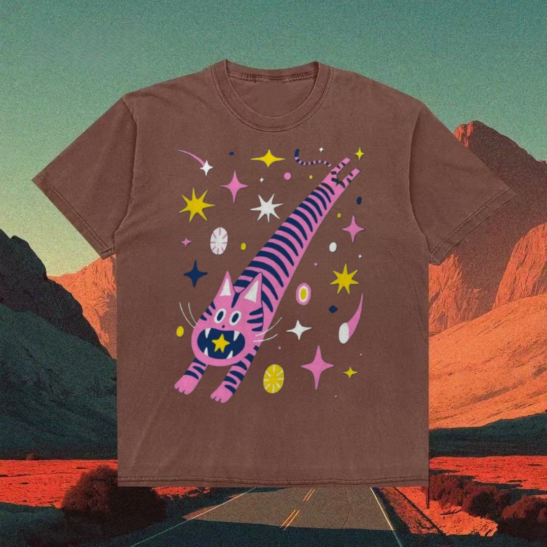 Cosmic Pink Striped Cat Retro Cartoon T-shirt