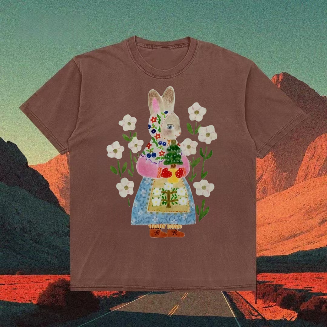 Floral Bunny Folk Art Whimsical T-shirt