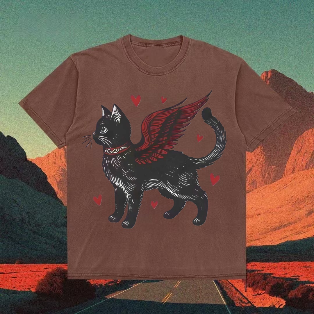 Black Cat With Angel Wings & Hearts Gothic T-shirt
