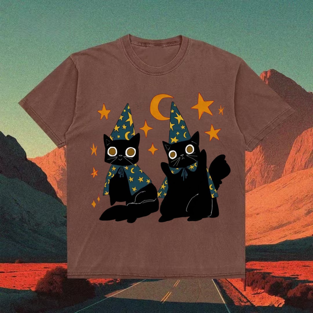 Wizard Black Cats With Stars & Moon T-shirt