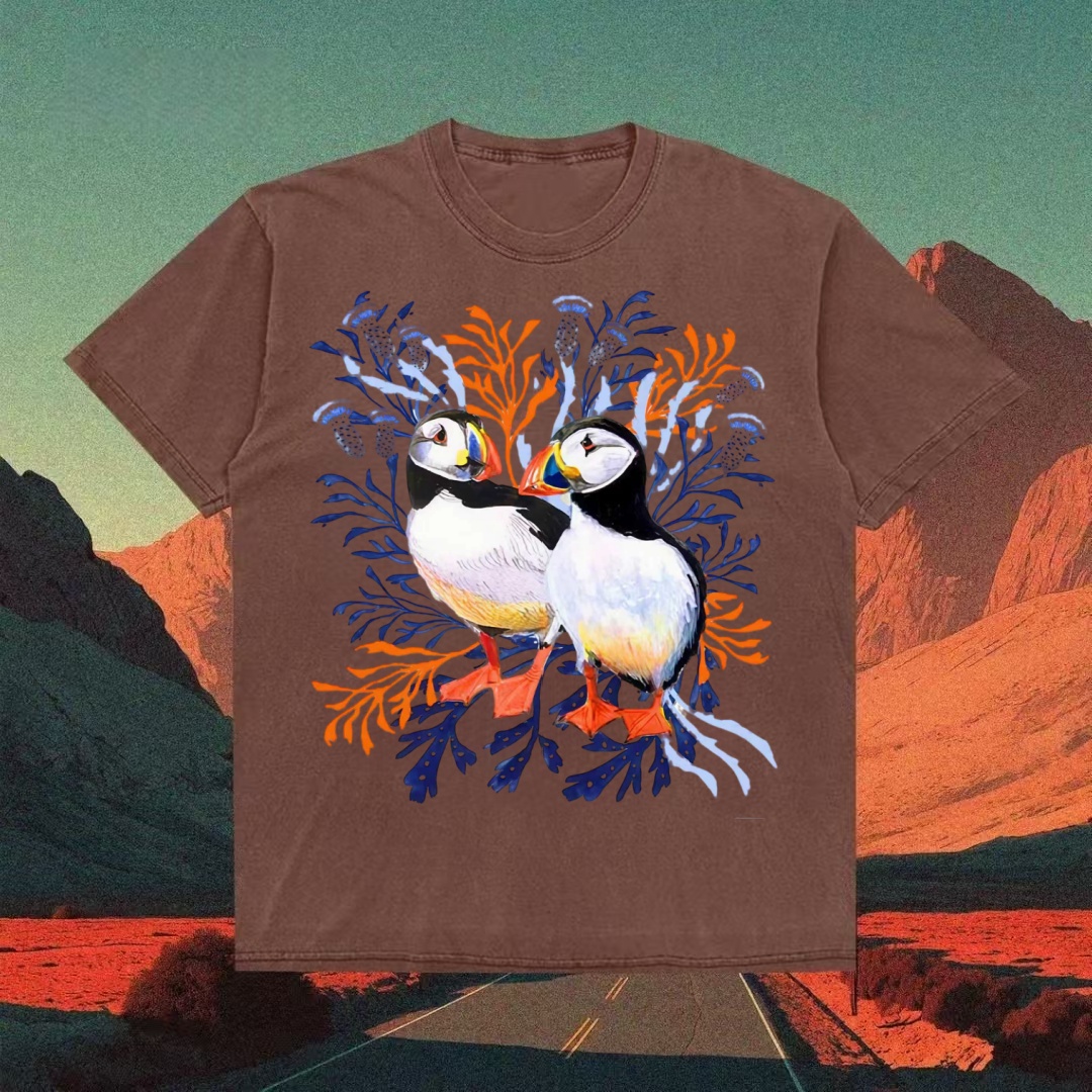 Puffin Pair With Seaweed Watercolor T-shirt