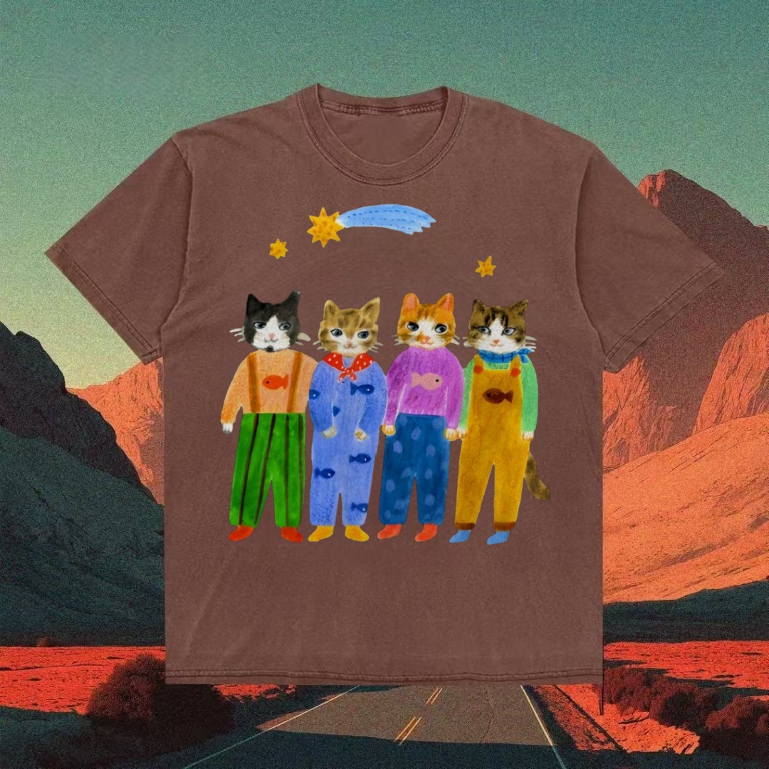 Four Cats In Overalls Whimsical Art T-shirt