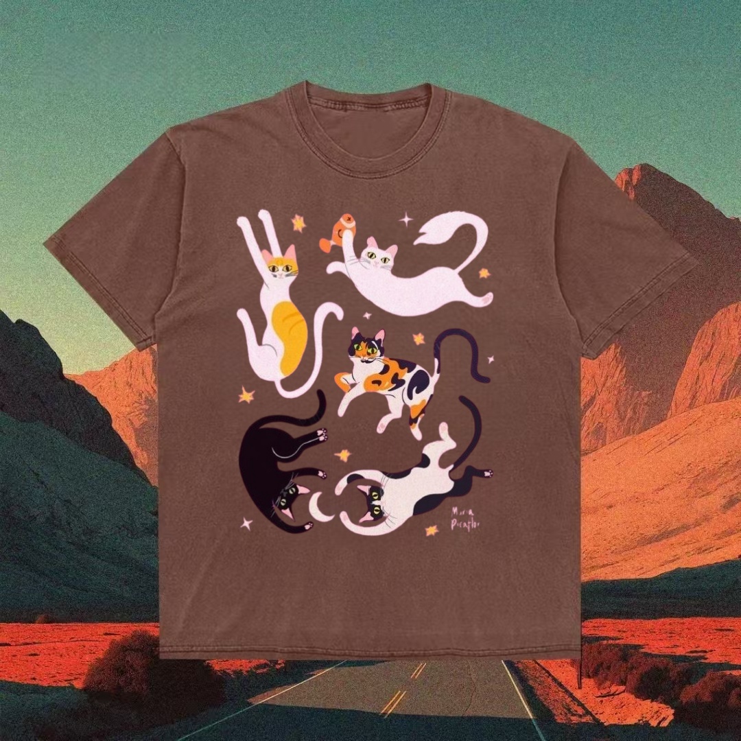 Playful Cats With Fish Cute Graphic T-shirt
