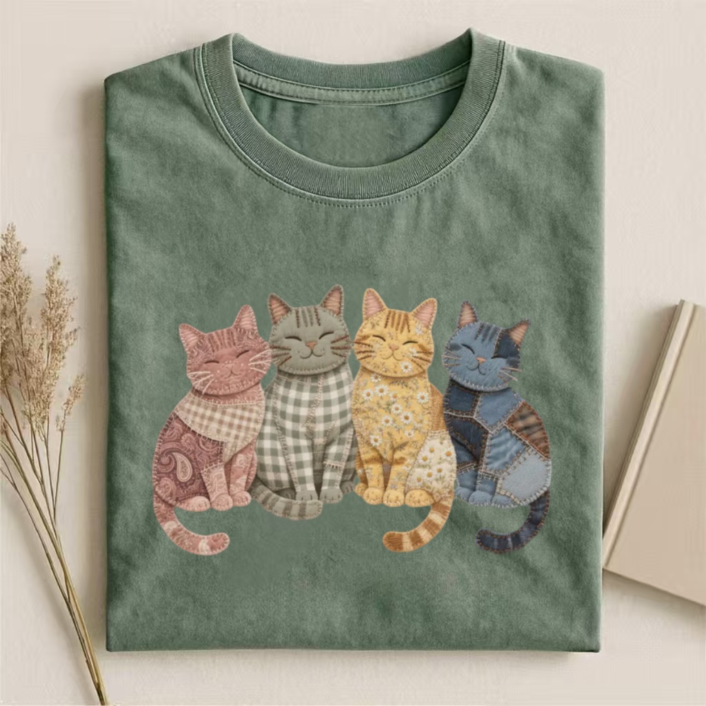 Patchwork Pattern Cats Graphic T-Shirt