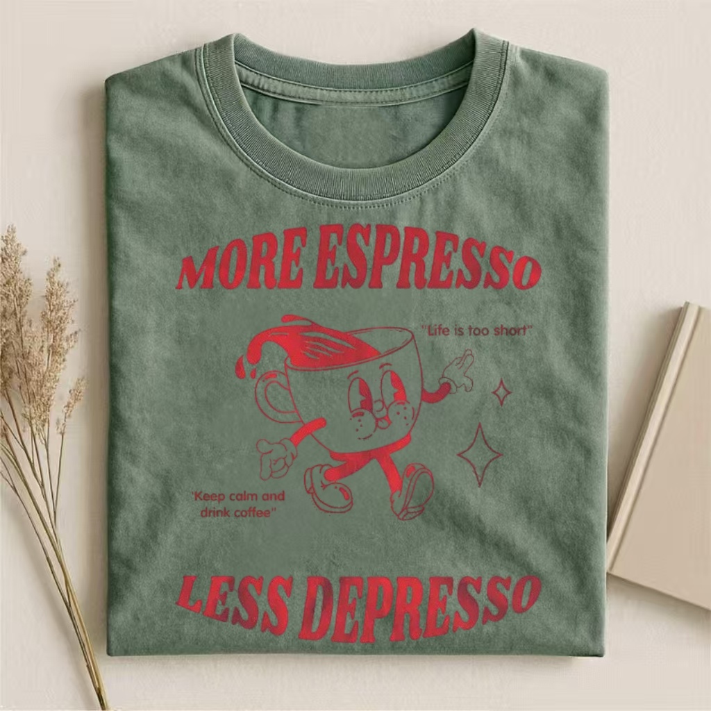 More Espresso Less Depresso" Coffee Humor Graphic T-shirt