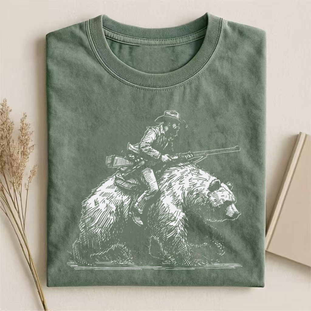 Cowboy Riding Bear Sketch Graphic T-shirt