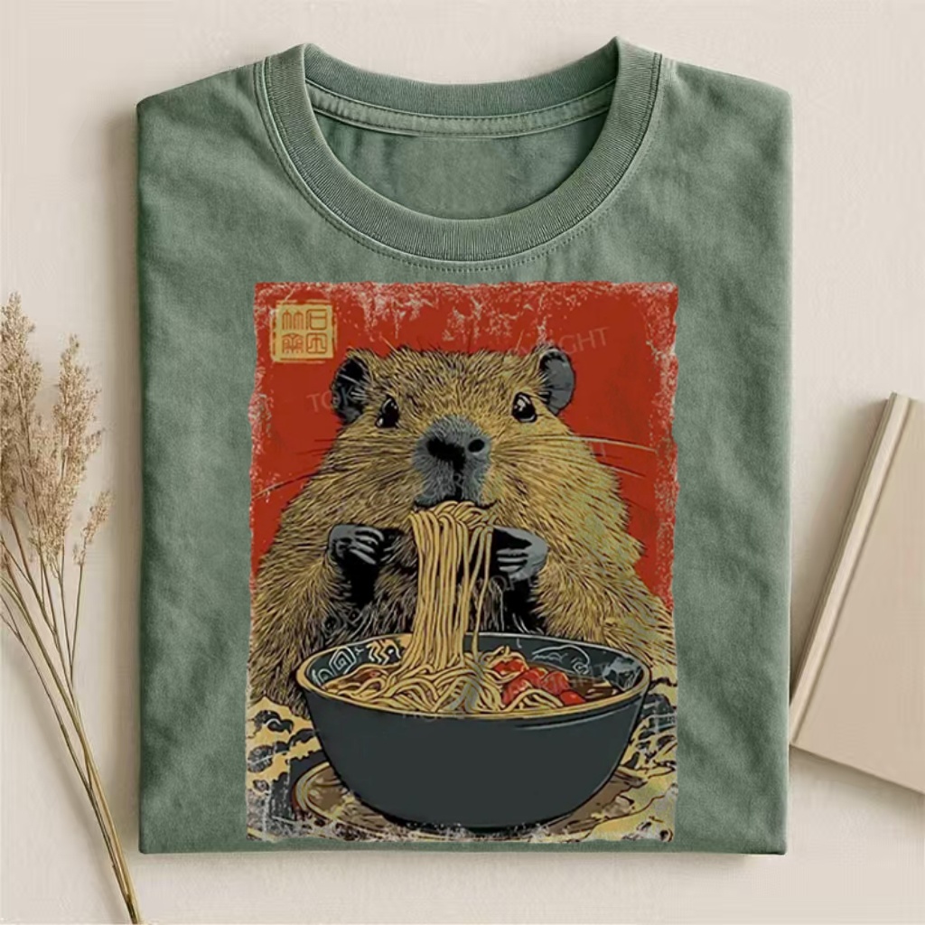 Capybara Eating Noodles Ukiyo-e Style Graphic T-shirt