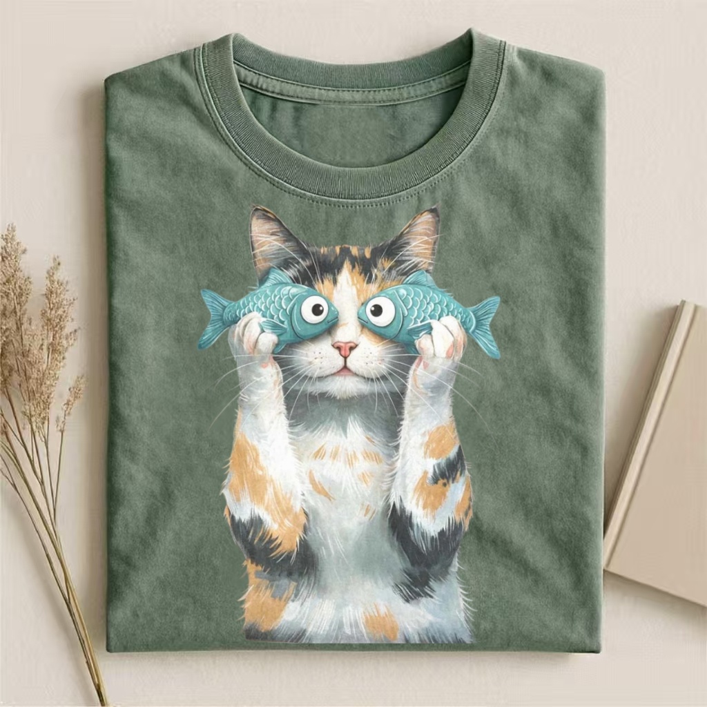 Calico Cat With Fish Eyes Funny Graphic T-shirt
