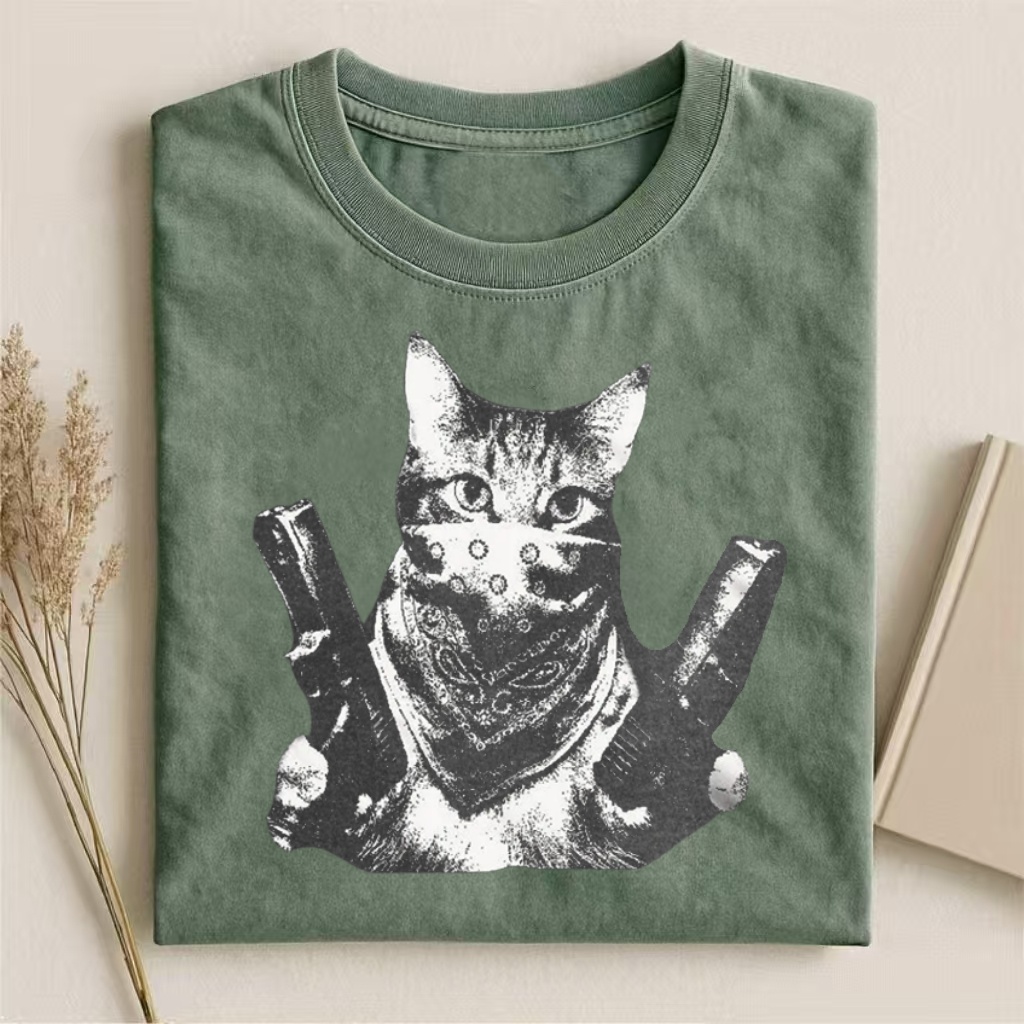 Gangsta Cat With Bandana & Guns Graphic T-shirt