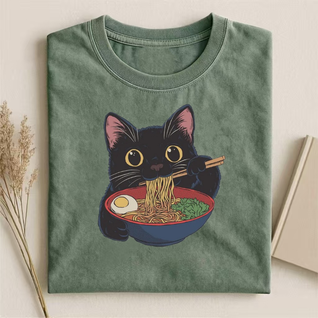 Black Cat Eating Ramen Graphic T-shirt