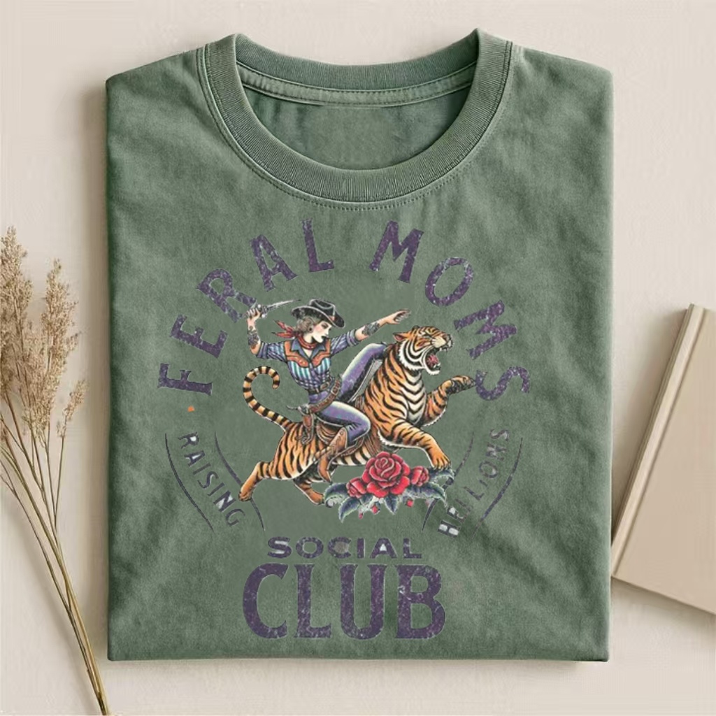 "Feral Moms Social Club" Cowboy & Tiger Graphic T-shirt