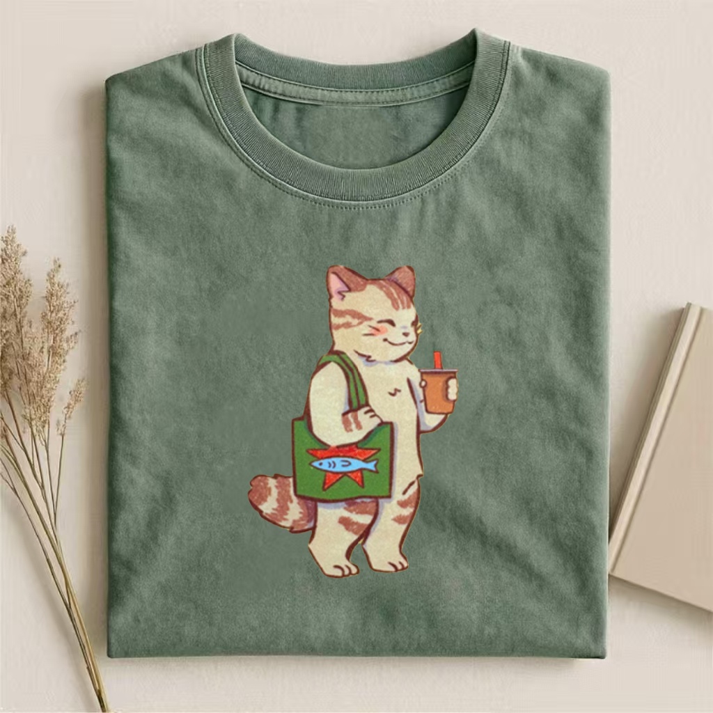 Cat With Tote & Drink Casual Graphic T-shirt
