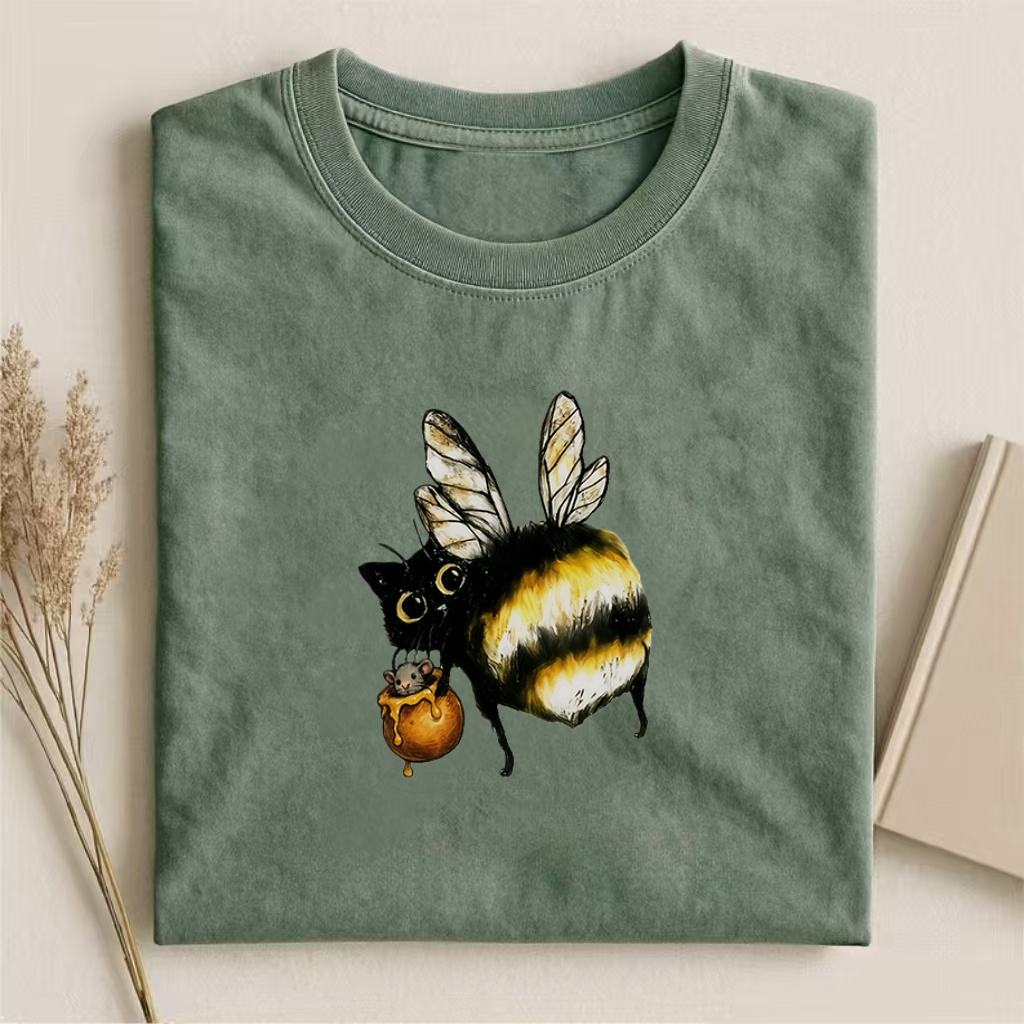 Cat-Bee With Honey Pot Graphic T-shirt